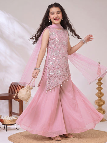 Girls Light pink Georgette Sequin Embroidered Cut Work Top and Palazzo With Dupatta Set Traditional Outfit For Girls