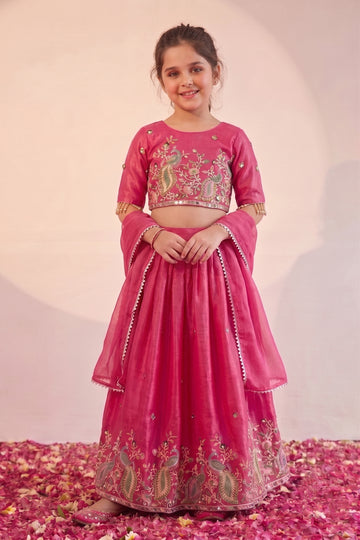 Girls Pink Silk Blend Floral Embroidered Lehenga and Choli with Silk Dupatta For Three Piece Lehenga Set