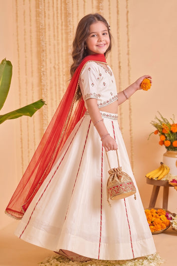 Girls Off White Roman Silk Embroidered Lehenga Choli With Dupatta Set Traditional 3-Piece Festive Outfit for Kids