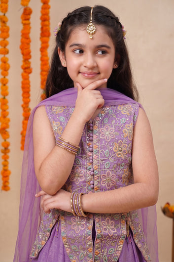 Girls Purple Silk Blend Embroidered Top and Palazzo With Dupatta Fusion Party Wear