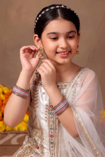 Girls White Silk Blend Bead work and Embroidered Top and Palazzo with Dupatta Ethnic Set