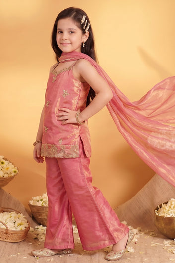 Girls Pink Silk Blend Embroidered Kurta and Palazzo with Dupatta For Trendy look