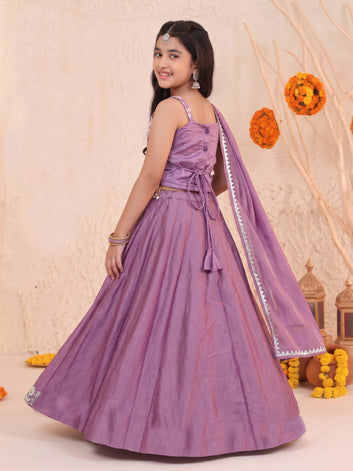 Girls Purple Silk Blend Floral Embroidered Lehenga and Choli With Dupatta Festive Set For Girls