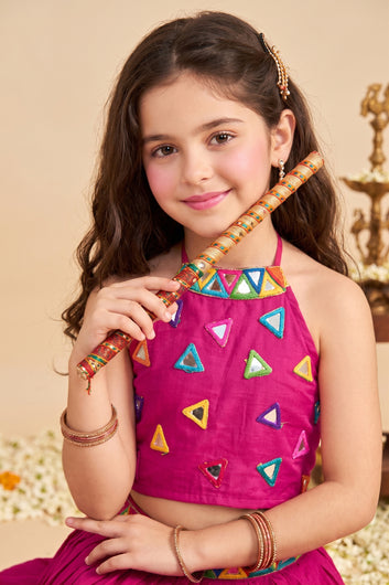 Girls Rani Silk Blend Mirror work Embroidered Lehenga and Choli Set For Traditional Look