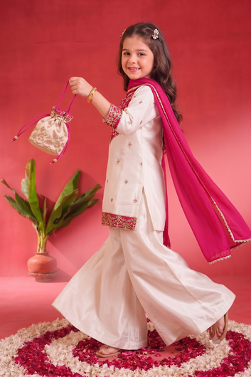Girls Off White Roman Silk Embroidered Kurta Palazzo Dupatta Girls Ethnic Festive Wear Co Ord Set