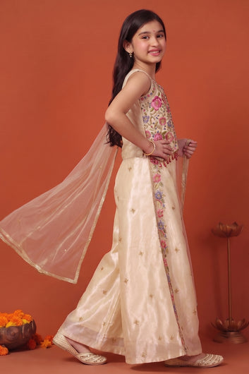 Girls Chickoo Silk Blend Embroidered Top and Palazzo with Dupatta Girls Ethnic Set