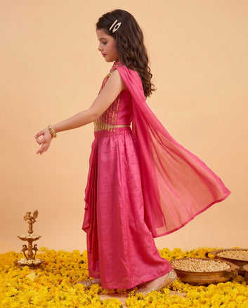 Girls Rani Embroidered Crop Top and Skirt With Dupatta For Festive wear