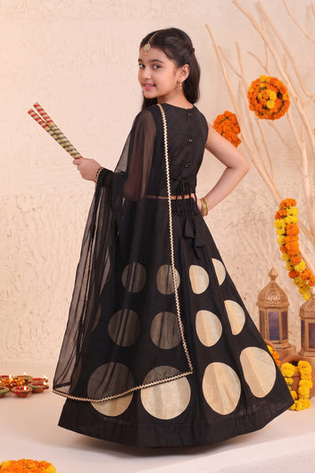 Girls Black Silk Blend Embellished Lehenga and Choli With Dupatta For Festive Wear