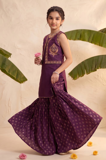 Girls Purple Silk Blend Kurta and Sharara With Koti For Traditional Look