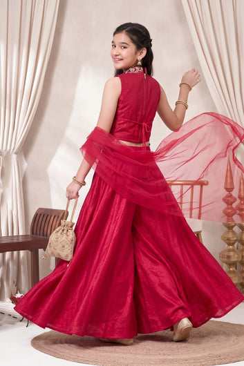 Girls Rani Silk Blend Sequin Embroidered Crop Top and Palazzo With Dupatta Set For Indian Outfit