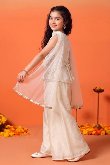 Girls White Silk Blend Embroidered Top and Palazzo With Dupatta Ethnic Set