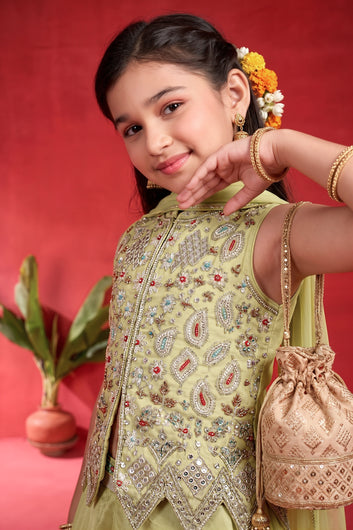 Girls Lemon Silk Blend Top And Palazzo With Dupatta For Indo-Western Set