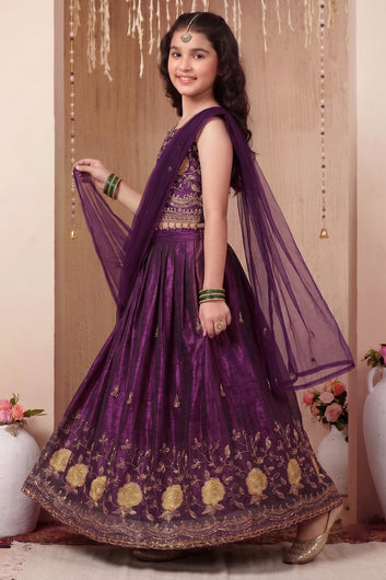 Girls Purple Silk Blend Embroidered Lehenga and Choli with Net Dupatta Kids Festive Wear