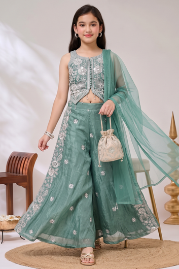 Girls Olive Silk Blend Sequin Bead Work Crop Top and Palazzo With Dupatta Set For Girls