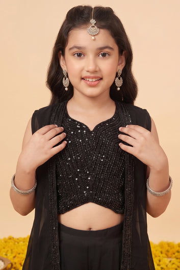 Girls Black Silk Blend Sequin Bead Embroidered Crop Top and Palazzo With Shrug Ethnic Set