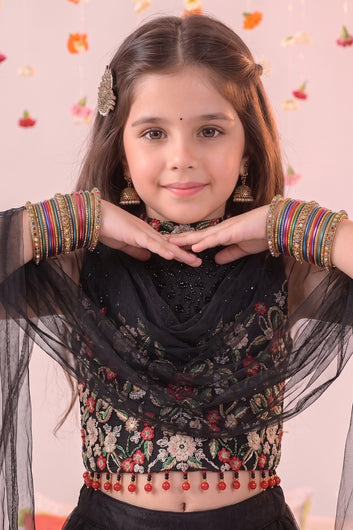 Girls Black Silk Blend Floral Embroidery Crop Top and Flared Palazzo with Dupatta For Indo Western Look