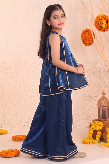 Girls Dark Blue Embroidered Top and Palazzo With Dupatta Set Ethnic outfit for girls