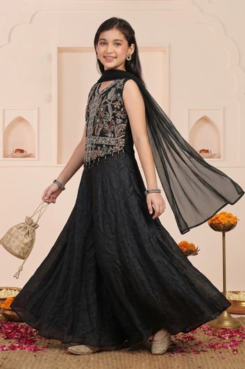Girls Black Silk Blend Sequin Embroidered Crop Top and Palazzo with Dupatta Set For Traditional Wear