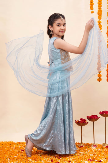 Girls Sky Blue Silk Blend Embroidered Scalloped Hem Top and Flared Palazzo with Dupatta Set