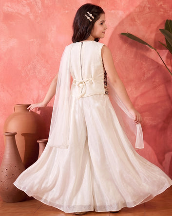  Baby White Silk Blend Crop Top and Palazzo with Dupatta Embroidered Three Piece Ethnic Festive & Party Wear