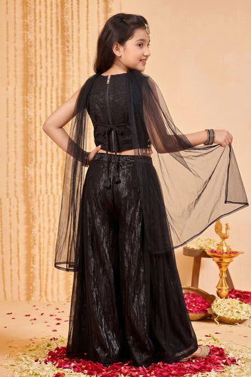 Girls Black Silk Blend Party Wear Sequin Embroidered 3 Picec Palazzo Set - Crop Top, Flared Palazzo & Dupatta