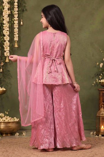 Girls Lavender Silk Blend Ethnic Wear Palazzo Set with Sequin Bead Embroidery Work - Peplum Kurta, Flared Palazzo & Dupatta