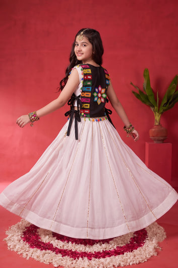 Girls Off white Silk Blend Embellished Lehenga and Choli with Inner Top for traditional Look
