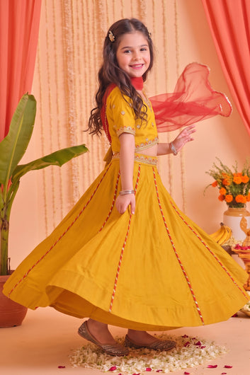 Girls Mustard Roman Silk Embroidered Lehenga Choli With Dupatta Set Traditional 3-Piece Festive Outfit for Kids