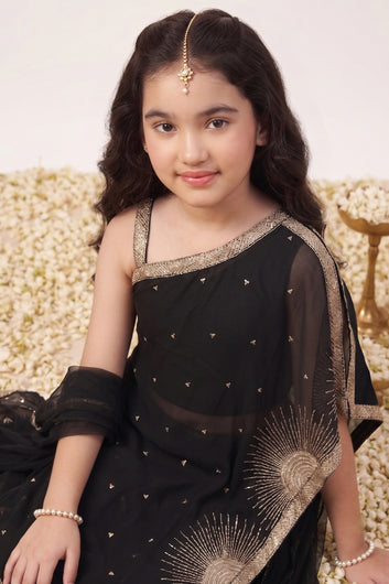 Girls Black Silk Blend Ethnic Motifs Kurta and Palazzo With Dupatta For Asymmetrical Cape-Style kurta Set
