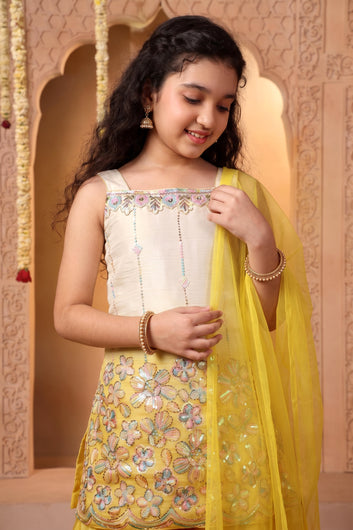 Girls Yellow Silk Blend Floral Sequin Embroidered Kurta Palazzo with Inner and Dupatta Ethnic Set