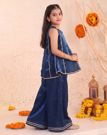Girls Dark Blue Embroidered Top and Palazzo With Dupatta Set Ethnic outfit for girls