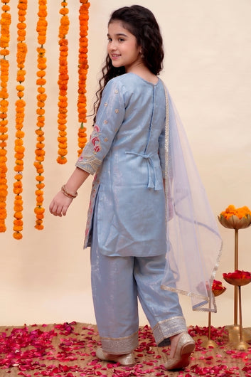 Girls Sky Blue Silk Blend Embroidered Salwar Suit Set with Dupatta