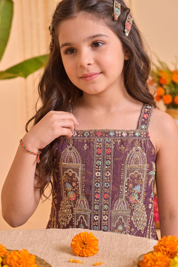 Baby Lavender Silk Blend Bead Embroidery Work High Low Style Kurta and Palazzo and Net Dupatta Girls Ethnic Wear