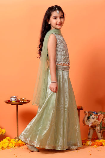 Girls Light Green Silk Blend Bead Embroidered Top, Flared Palazzo With Dupatta Set