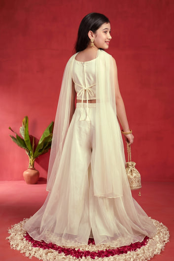 Girls Off White Silk Blend Bead Work Embroidered Crop Top And Palazzo with Inner Top & Dupatta Set For Traditional Look