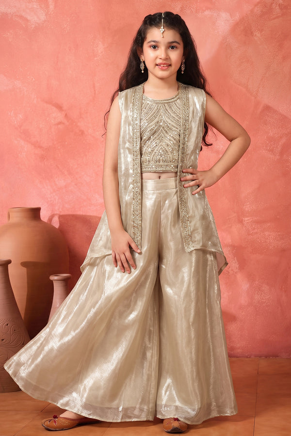 Girls Chikoo Bead Embroidered Crop Top and Palazzo With Shrug Girls Indo western Set