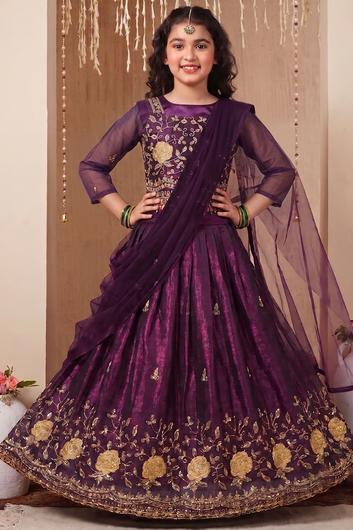 Girls Purple Silk Blend Embroidered Lehenga and Choli with Net Dupatta Kids Festive Wear