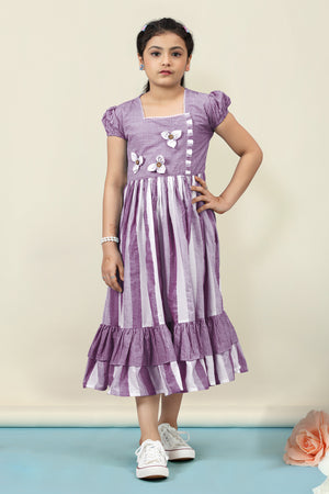 Girls Purple Cotton Stripe Printed Fit & Flare Calf Length Dress