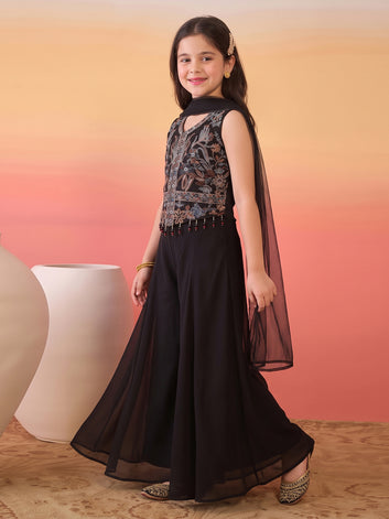 Girls Black Silk Blend Embroidered Crop Top and Palazzo with Dupatta Set For Festive Wear