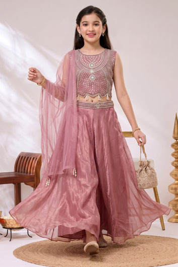 Girls Light Pink Silk Blend Sequin Bead Work Crop Top and Palazzo With Dupatta Set For Stylish Look