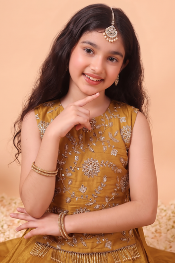 Girl's Brown Silk Blend Embroidered Sleeveless Top Style Choli with Side Knot and Flared Lehenga For Traditional Look