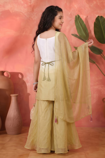 Girls White Silk Blend Sequin Embroidered Kurta and Palazzo with Inner Top, Dupatta Set For Festive Wear
