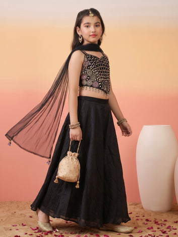 Girls Black Silk Blend Sequin Bead Work Embroidered Crop Top and Palazzo With Inner Top & Dupatta Set For Festive Wear