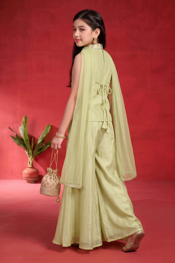 Girls Lemon Silk Blend Top And Palazzo With Dupatta For Indo-Western Set