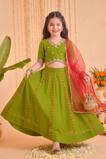 Girls Mehndi Roman Silk Embroidered Lehenga Choli With Dupatta Set Traditional 3-Piece Festive Outfit for Kids