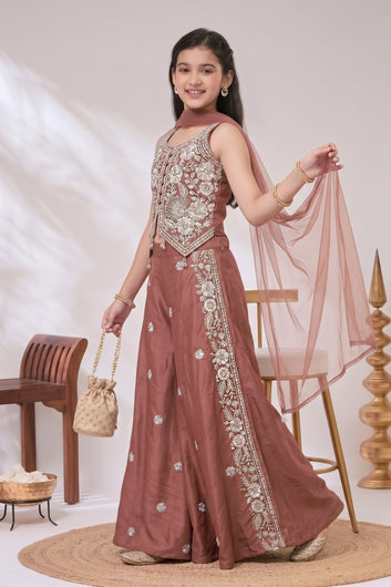 Girls Rust Silk Blend Sequin Bead Work Crop Top and Palazzo With Dupatta Set For Festive Wear
