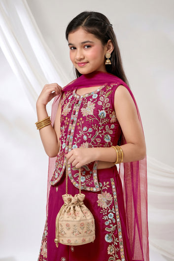 Girls Rani Silk Blend Floral Sequin Embroidered Crop Top and Palazzo With Dupatta Set For Ethnic Look