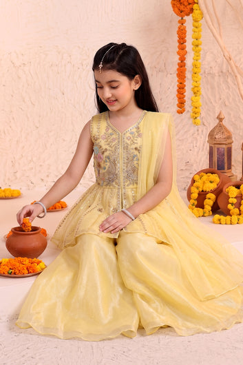 Girls Yellow Silk Blend Festive Wear Palazzo Set with Sequin Bead Embroidery Work - Peplum Kurta, Flared Palazzo & Dupatta