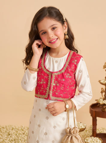 Girls Off White Silk Blend Embroidered Kurta with Koti and Pyjama Ethnic Set