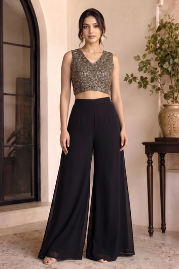 Women Black Georgette Crop Top and Palazzo With Shrug Set For Ethnic Wear